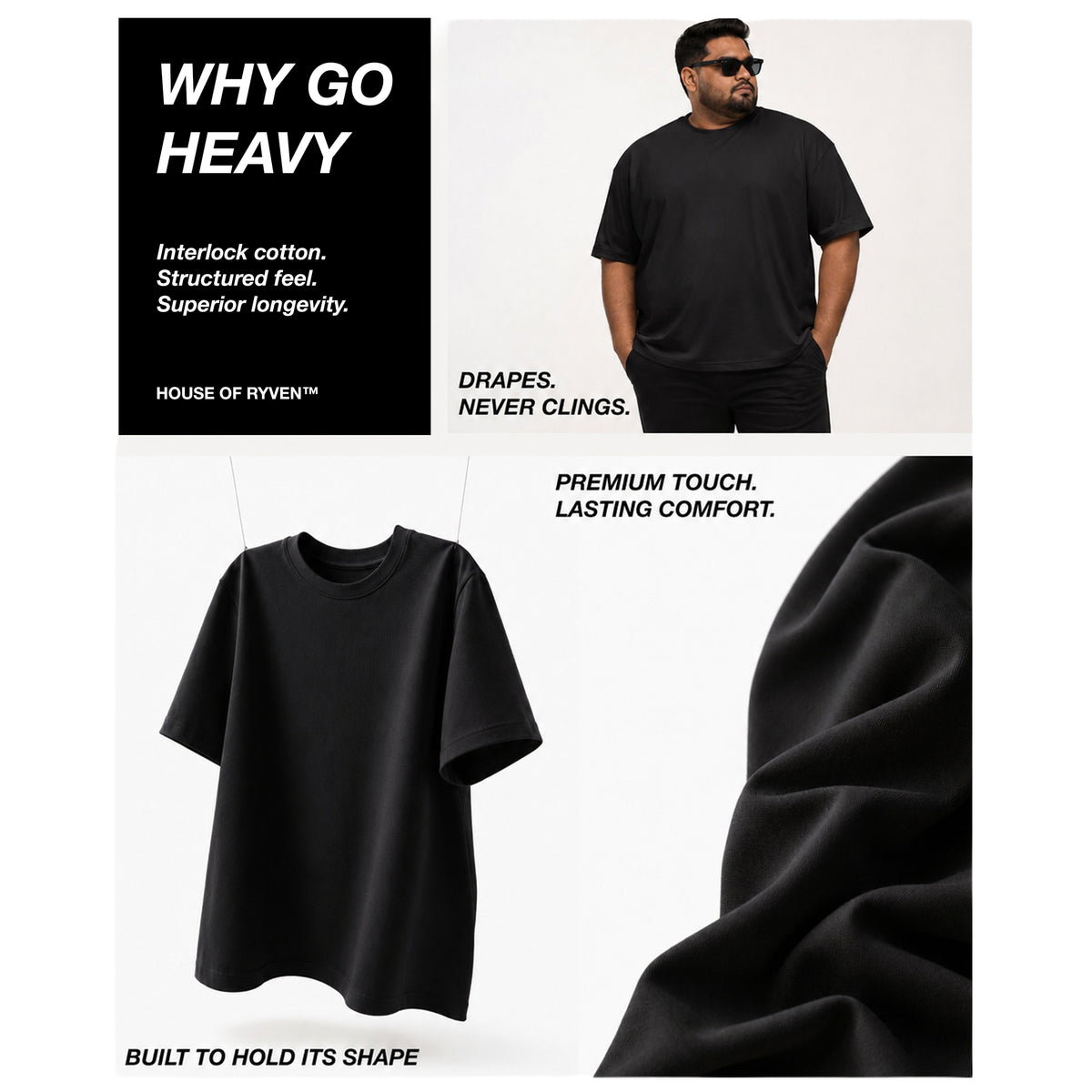 HOUSE OF RYVEN Men's 240 GSM Oversized Solid Half Sleeve Cotton T-Shirt | Relaxed Fit | Breathable Casual Wear | Available in Plus Sizes