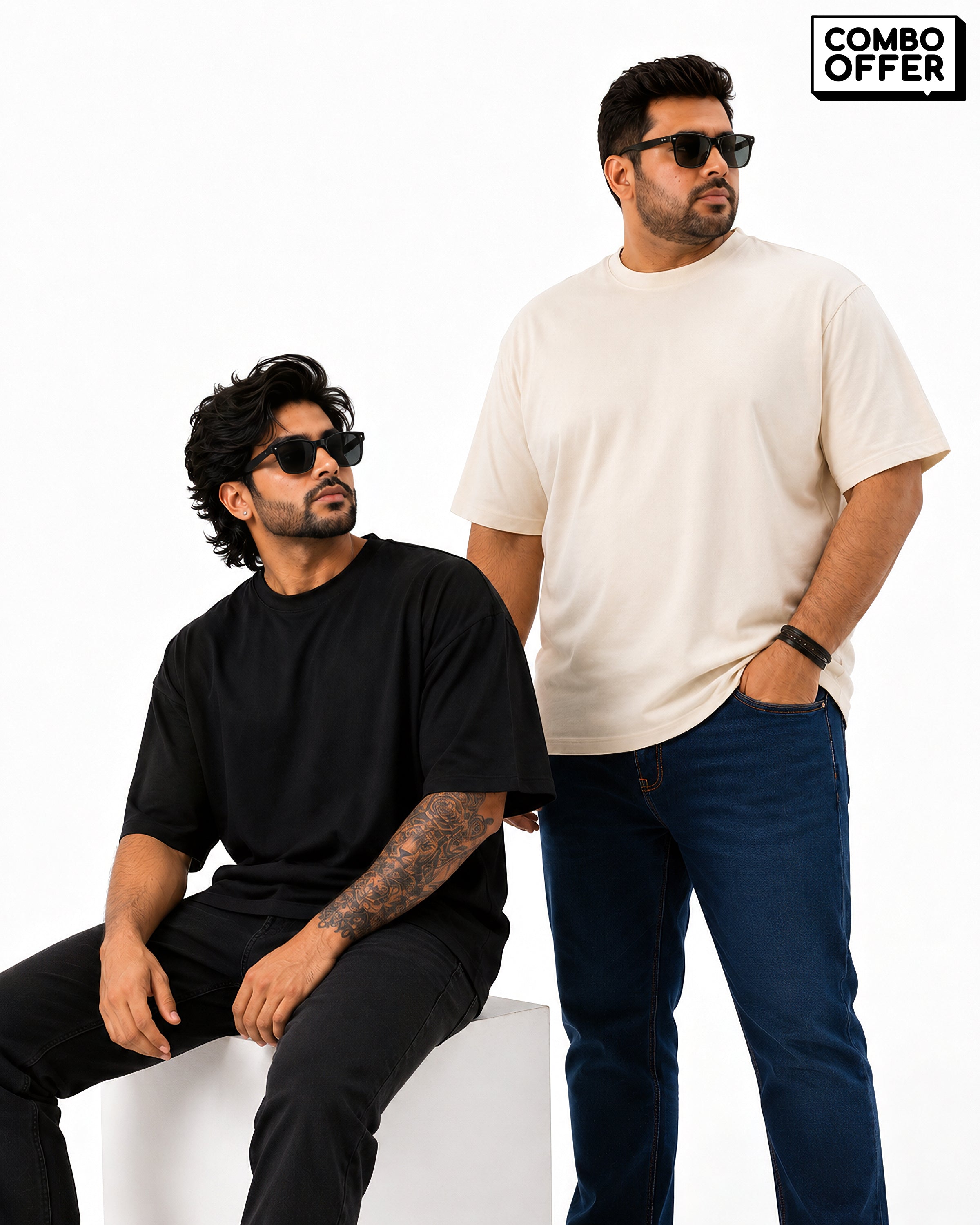 Pack of 2 Premium Heavyweight Relaxed Fit T-Shirts – Black & Off White – 240 GSM Interlock Compact Cotton – M–5XL