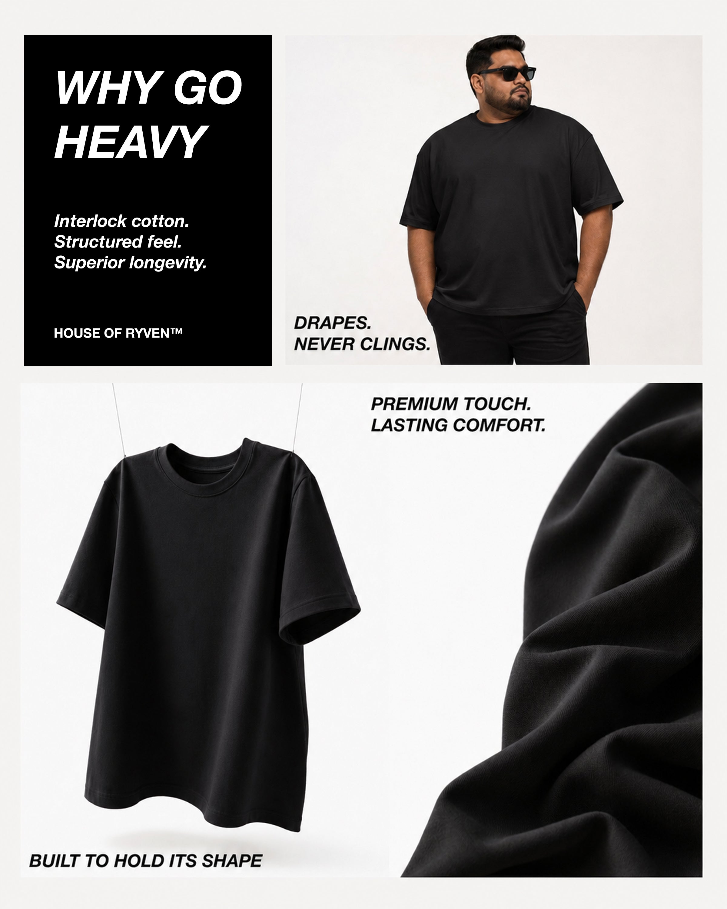 Pack of 2 Premium Heavyweight Relaxed Fit T-Shirts – Black – 240 GSM Interlock Compact Cotton – M–5XL